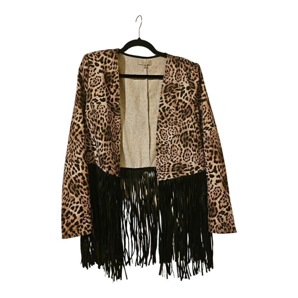 OVI Leopard Faux Leather‎ Fringe Jacket - Size Medium